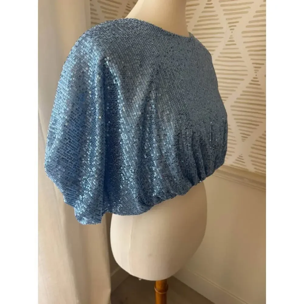 Endless Rose Women’s Small Blue Sequin Cropped Puffed Sleeve Top - Picture 7 of 7
